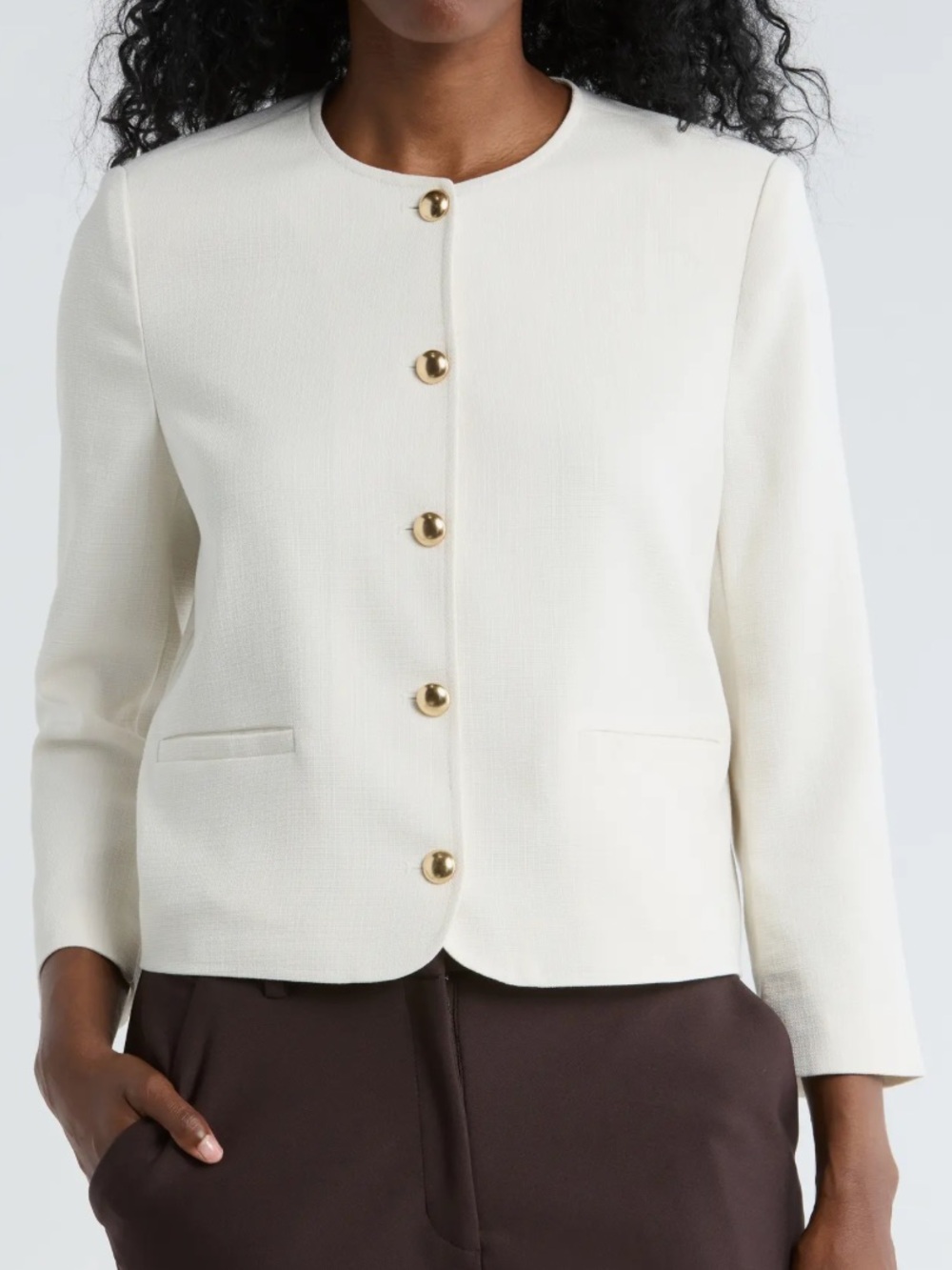 Women's Cream Collarless Blazer with Gold Buttons